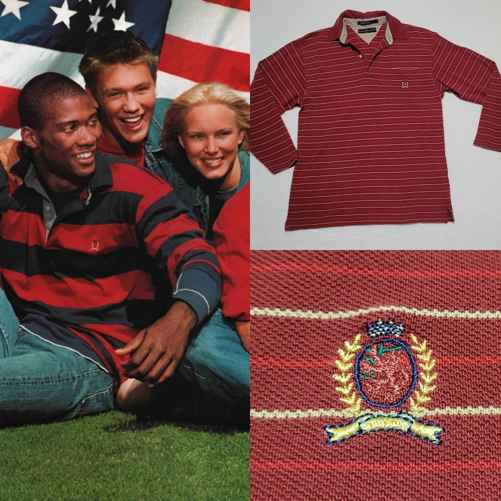 Tommy Hilfiger Mens Vintage 1990s Red Striped Knit Long Sleeve Collar Polo Shirt